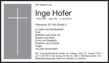 Traueranzeige von Inge Hofer von Pegnitz-Zeitung